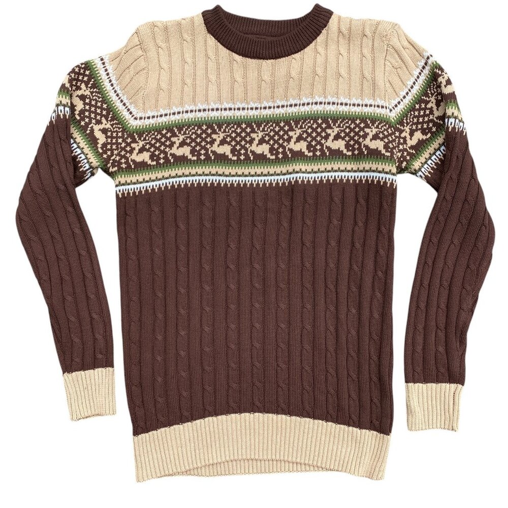 Vintage Fair Isle Deer Cable Knit Sweater Brown Cabin Ski 70s Grandpa Ugly-M